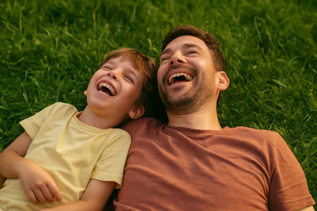 Lachpause im Gras – Papa und Kind genießen den Moment unter freiem Himmel