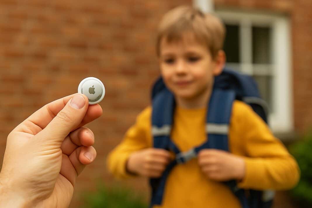 Auf Nummer sicher: Papa zeigt den AirTag, während das Kind zum Schulstart bereit ist