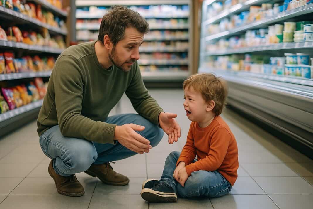 Ein Vater sitzt neben seinem Kind auf dem Supermarktboden und spricht ruhig mit ihm