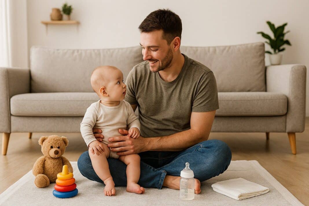 Ein minimalistischer Papa genießt die ruhigen Momente mit seinem Baby – ganz ohne überflüssigen Kram