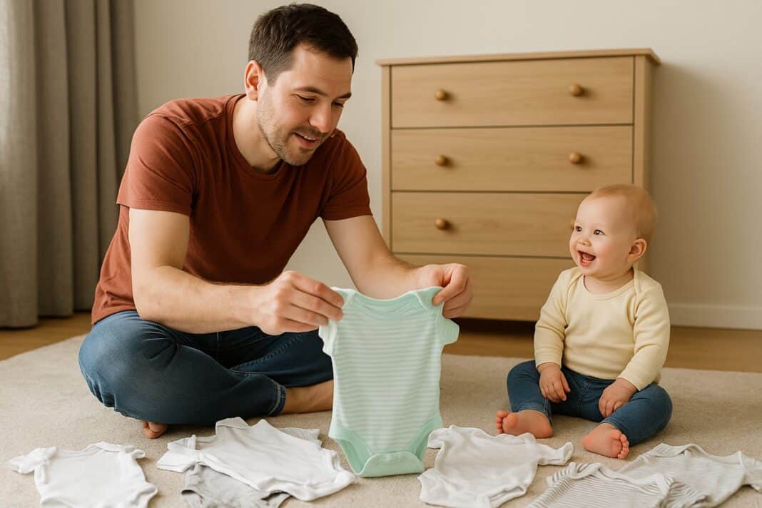 Papa und Baby im Body-Chaos – wie aus Wäschebergen echte Familienmomente werden