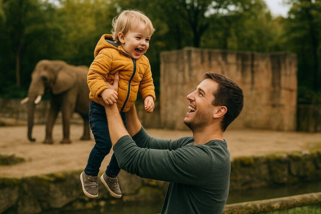 Ein Vater hebt sein lachendes Kind vor einem Elefantengehege in die Luft – ein Moment voller Freude, festgehalten mitten im Familienabenteuer Zoo