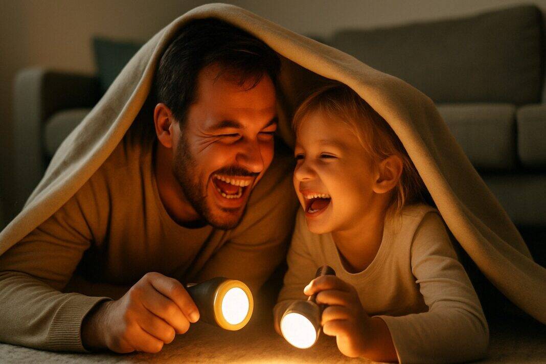 Lachen im Wohnzimmerzelt – Papa und Kind teilen ein Taschenlampen-Abenteuer