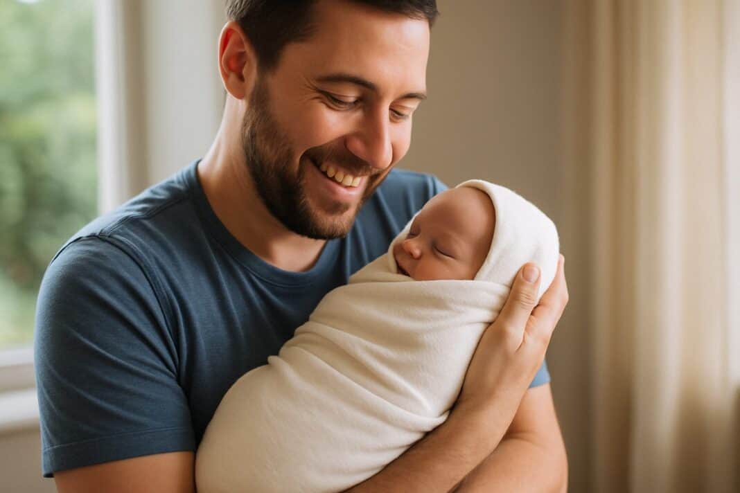 Papa-Glück pur – ein stolzer Vater mit seinem eingekuschelten Neugeborenen