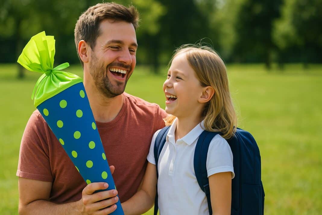 Großer Moment für kleine Helden – Papa und Schulkind feiern den ersten Schultag