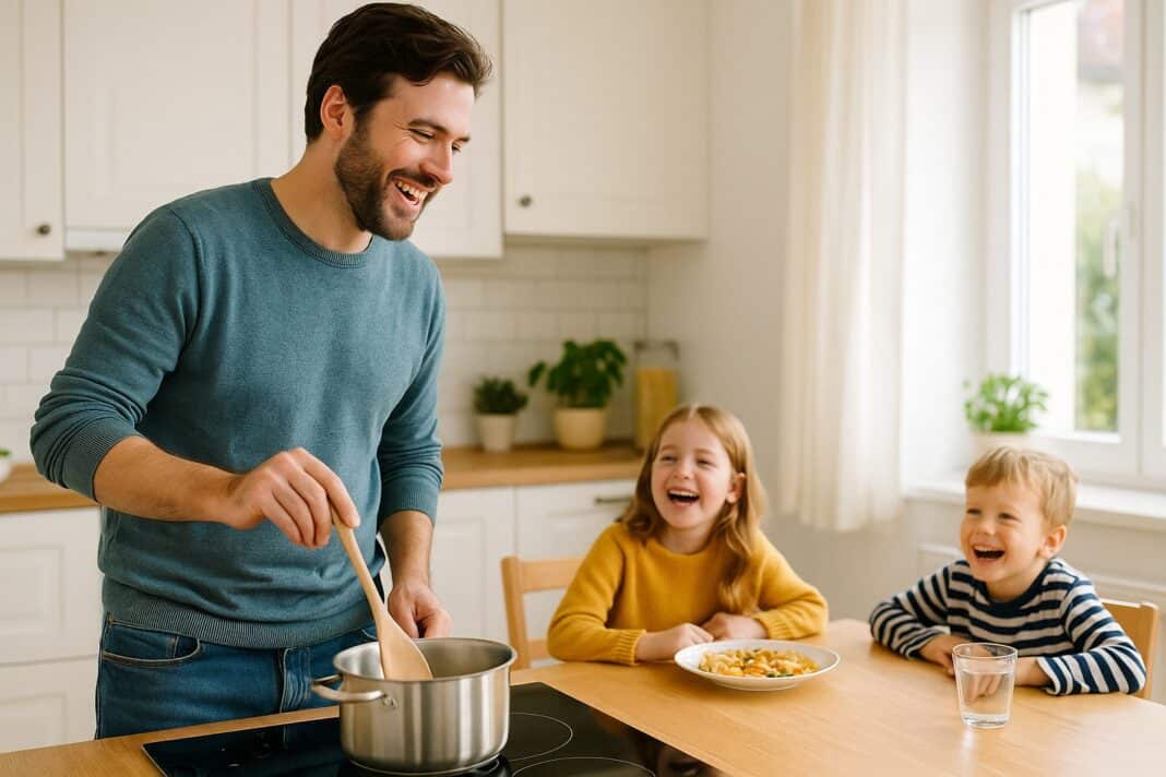 Papa zaubert in der Küche – während die Kids schon auf das nächste Gericht warten