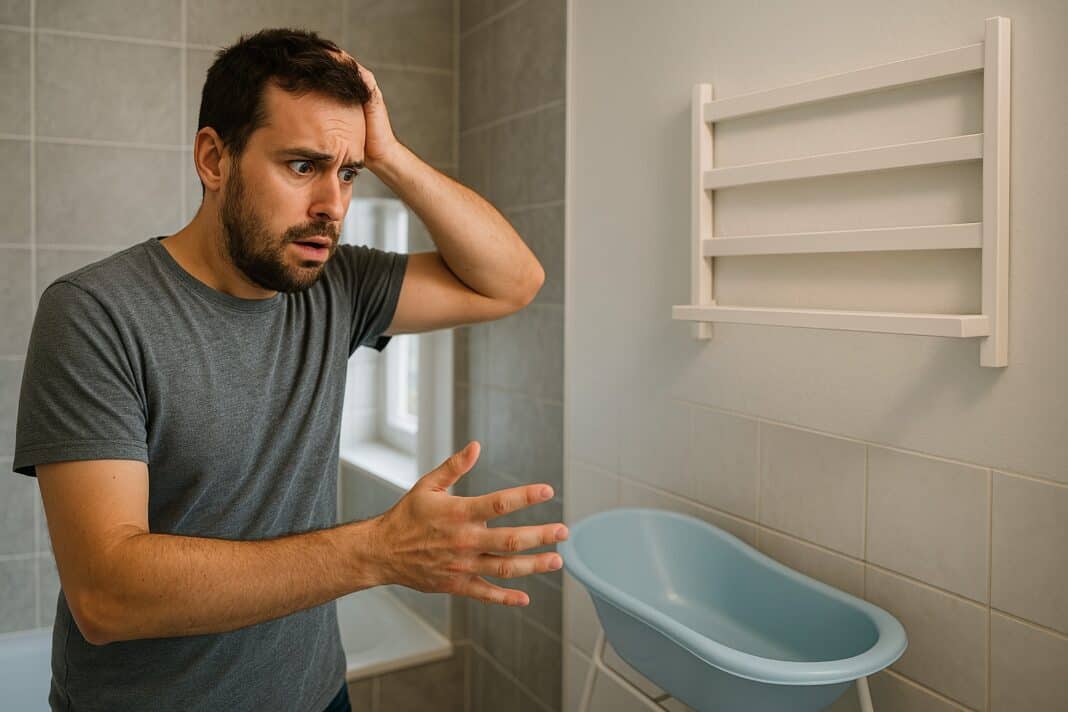 Ein Vater steht im Badezimmer und schaut verzweifelt auf ein leeres Handtuchregal – im Hintergrund eine Babywanne.