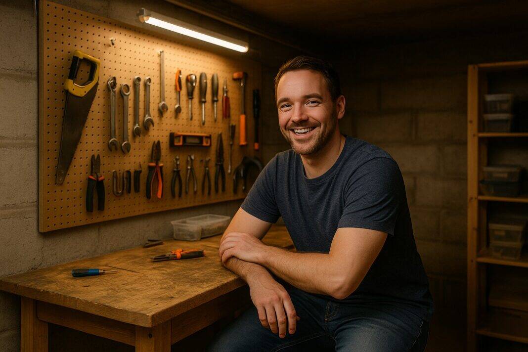 Papa tankt Kraft in seiner Werkstatt – zwischen Werkzeugwand und Gedankenpause.