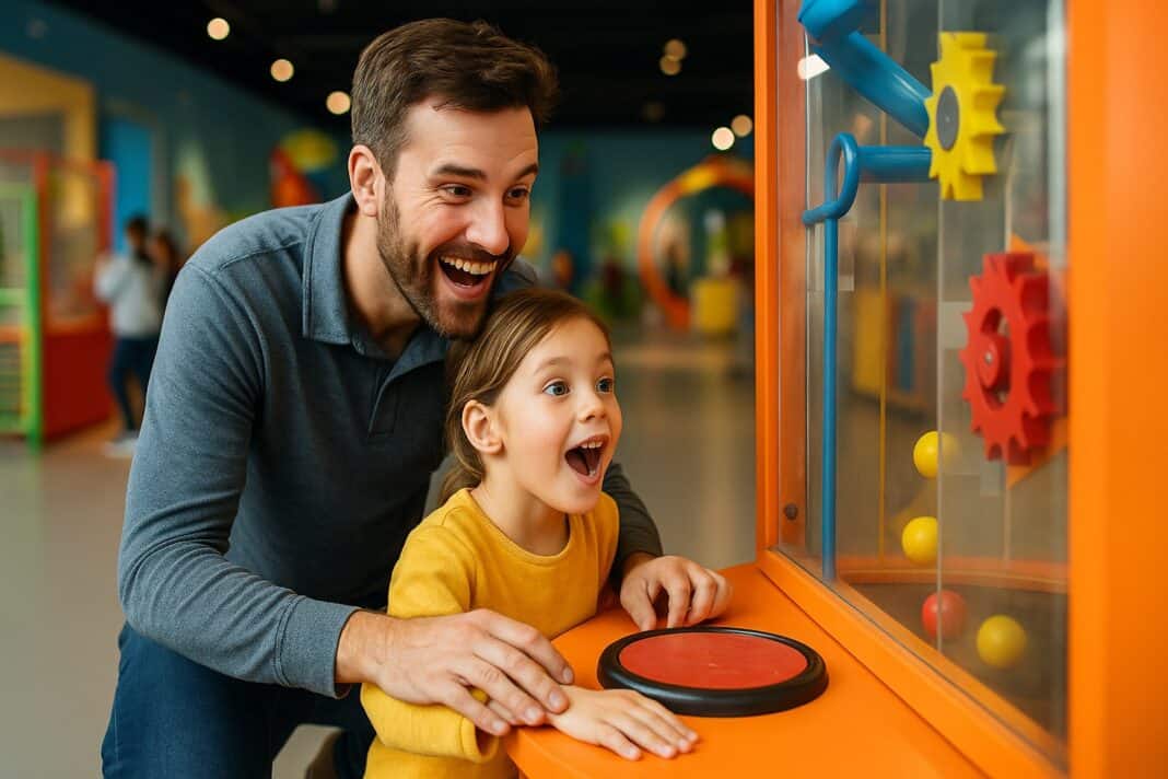 Vater und Kind erkunden neugierig eine spannende Mitmach-Ausstellung im Kindermuseum