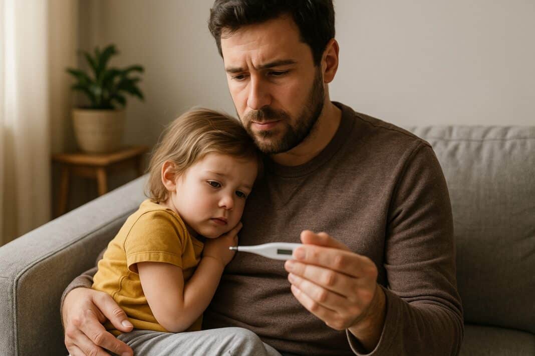 Papa misst Fieber – liebevoller Moment auf dem Sofa mit krankem Kind