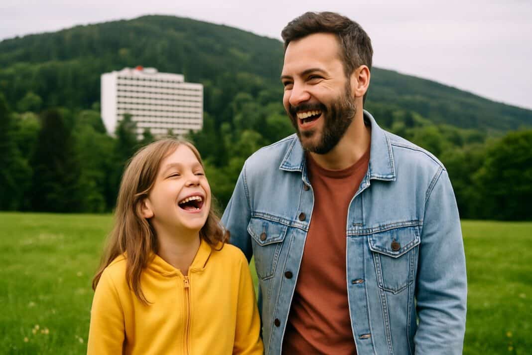 Lachpause im Grünen: Papa-Moment mit Aussicht