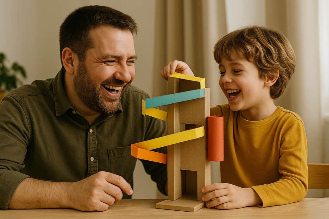 Papa & Kind bauen eine Murmelbahn – aus Pappe, Geduld und jeder Menge Spaß