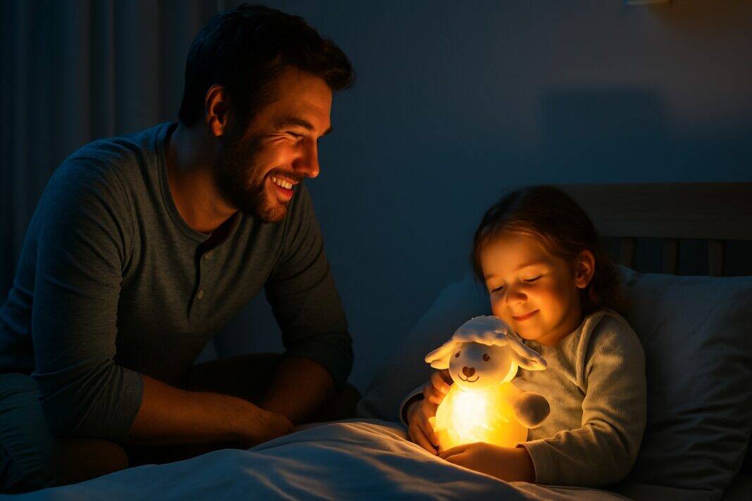 Papa wacht über die Nacht – mit leuchtendem Kuschelfreund im Kinderzimmer