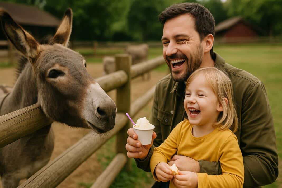 Ein Vater steht mit seinem Kind vor einem Eselgehege