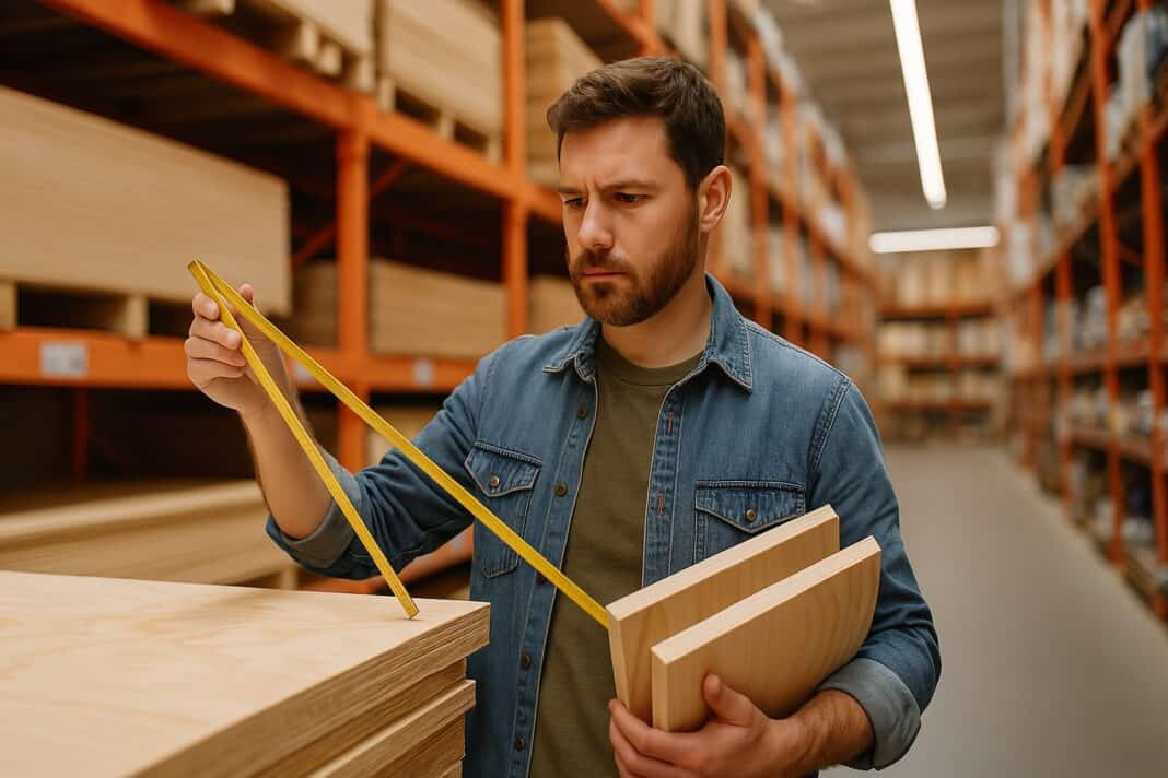 Papa misst konzentriert Holzplatten im Baumarkt – bereit fürs nächste Babyprojekt