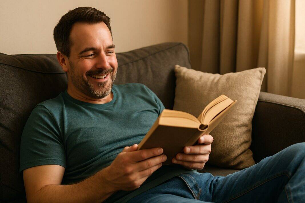 Papa gönnt sich eine ruhige Lesepause auf dem Sofa