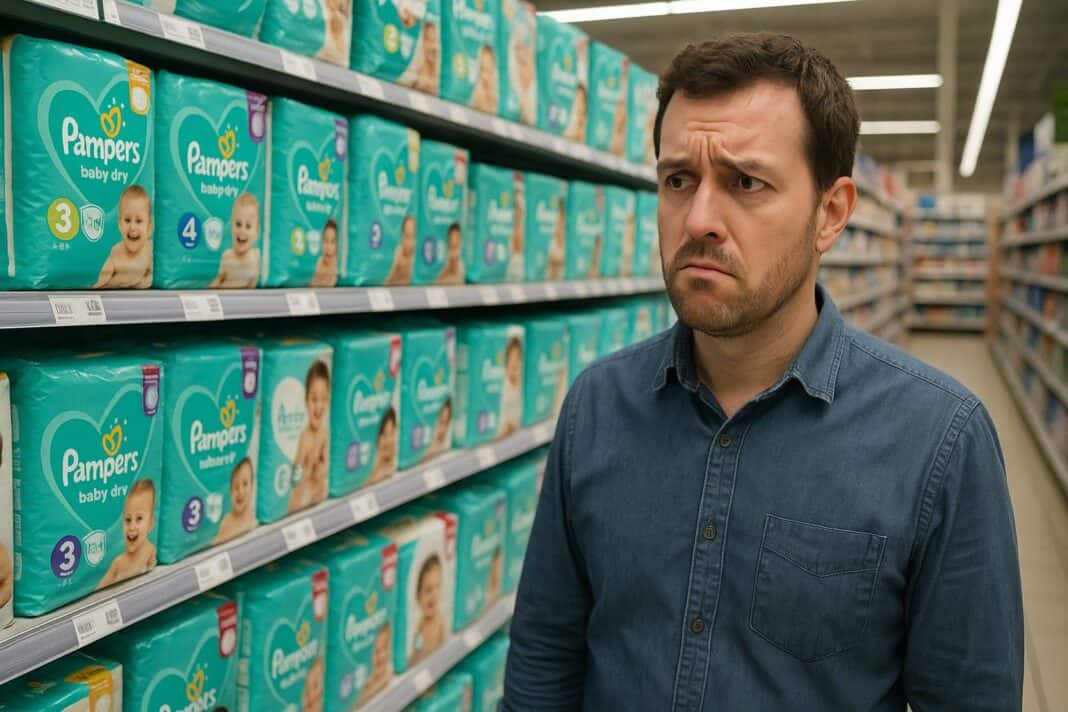 Windelgröße 3 oder 4? – Papas Blick, wenn der Einkaufsplan implodiert.