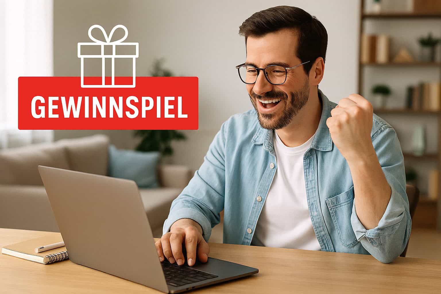 Glücklicher Vater beim Online-Gewinnspiel am Laptop