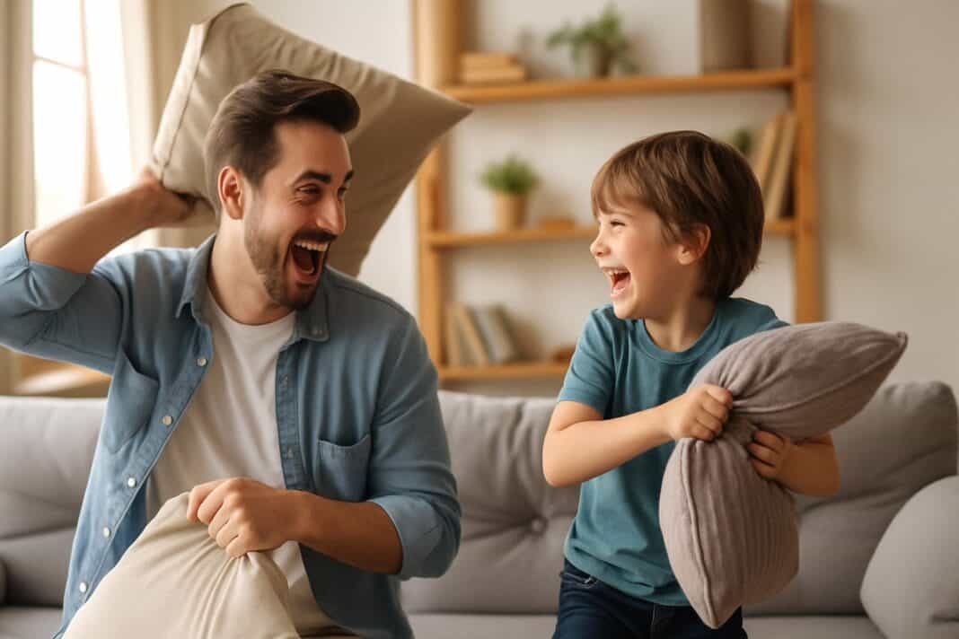 Papa-Zeit voller Lachen – Kissenschlacht auf dem Sofa