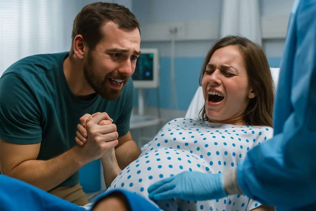 Ein Vater sitzt im Kreißsaal und hält die Hand seiner Partnerin – zwischen Stolz und Herzrasen