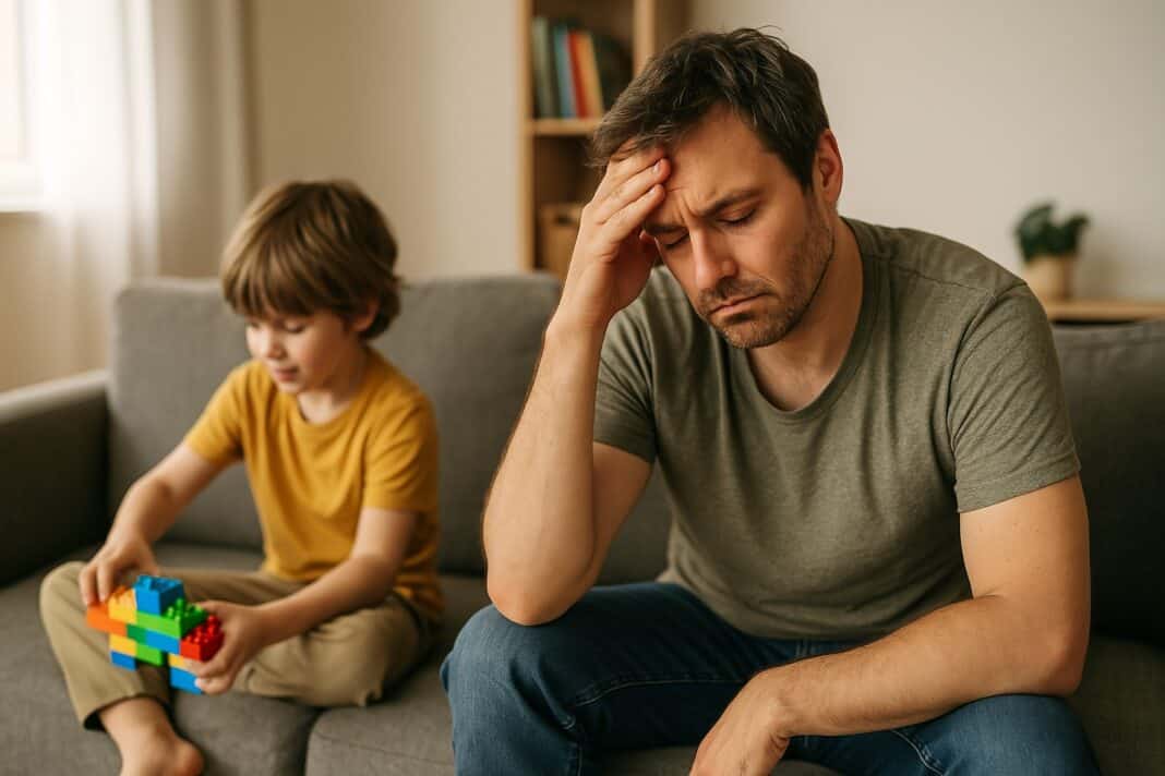 Ein Vater sitzt müde auf dem Sofa, während sein Kind neben ihm spielt
