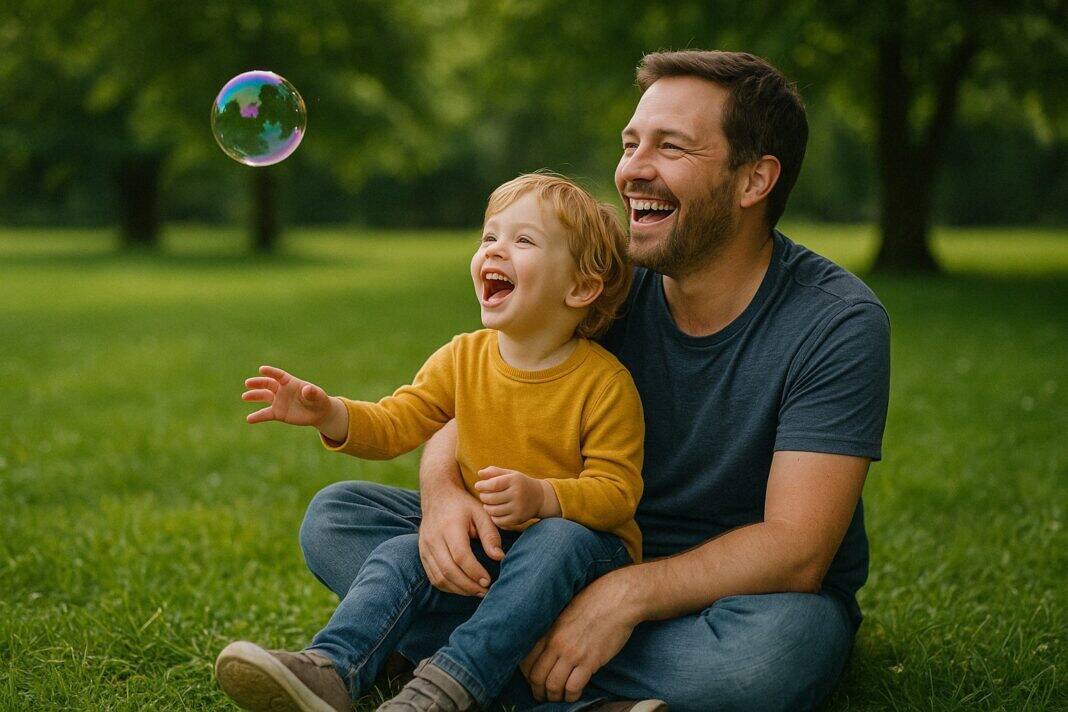Lachen im Sonnenschein – Papa und Kind folgen gemeinsam einer Seifenblase