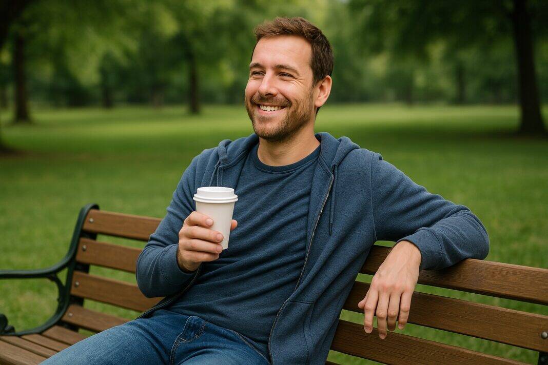 Ein Vater sitzt allein auf einer Parkbank, trinkt Kaffee und lächelt zufrieden