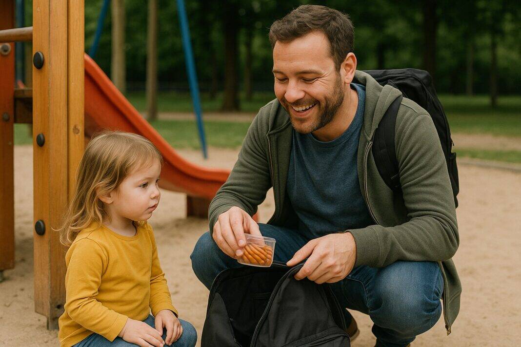 Papa zaubert Snacks aus dem Rucksack beim Spielplatz-Abenteuer