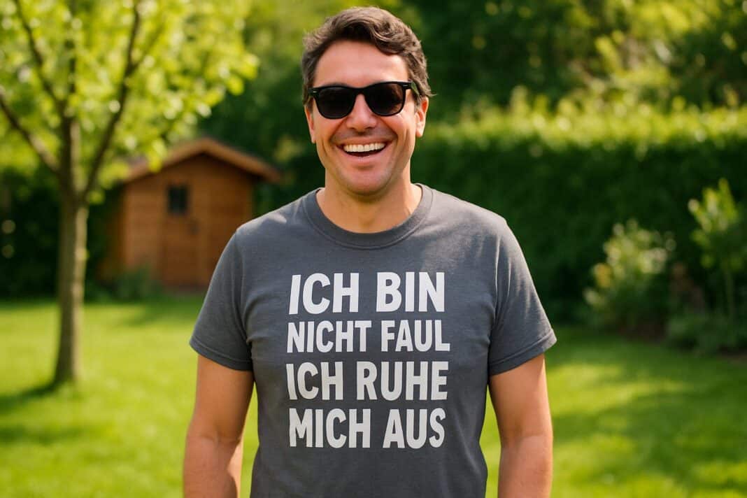 Papa-Moment mit Stil: Humorvoller Auftritt im Garten mit Sonnenbrille und Spruchshirt