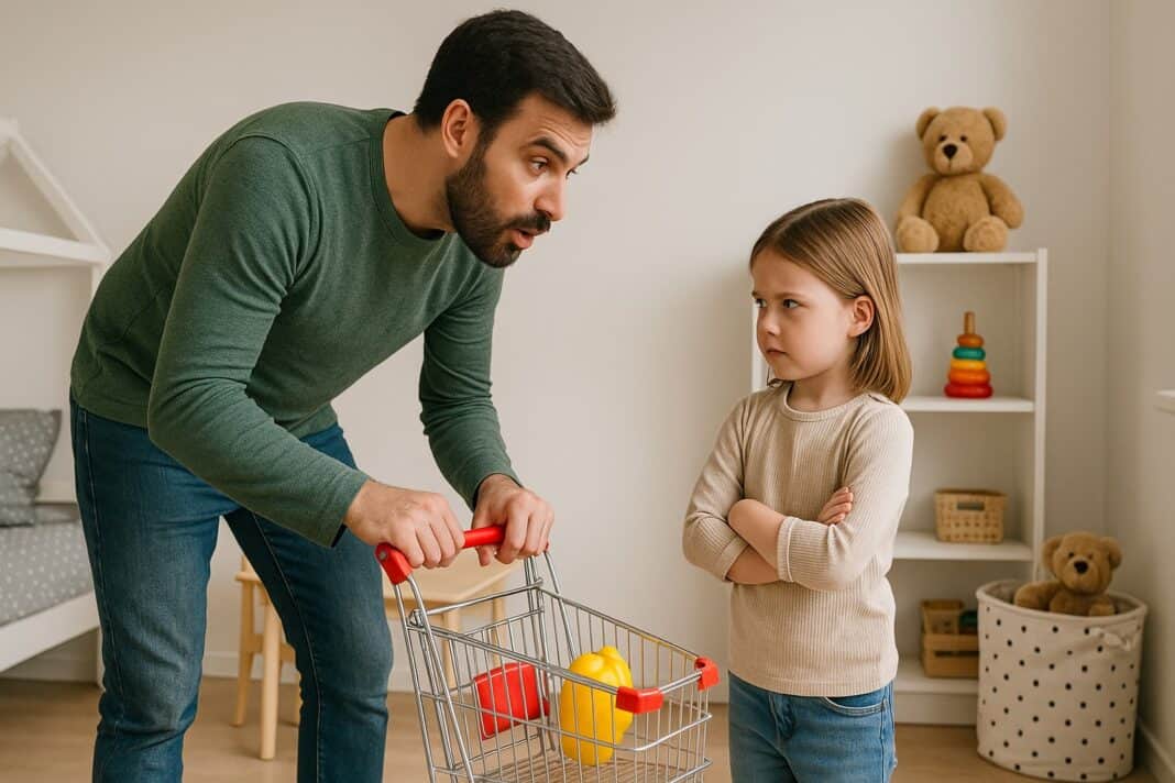 Einkaufen unter Aufsicht: Papa im Kinderzimmer-Supermarkt