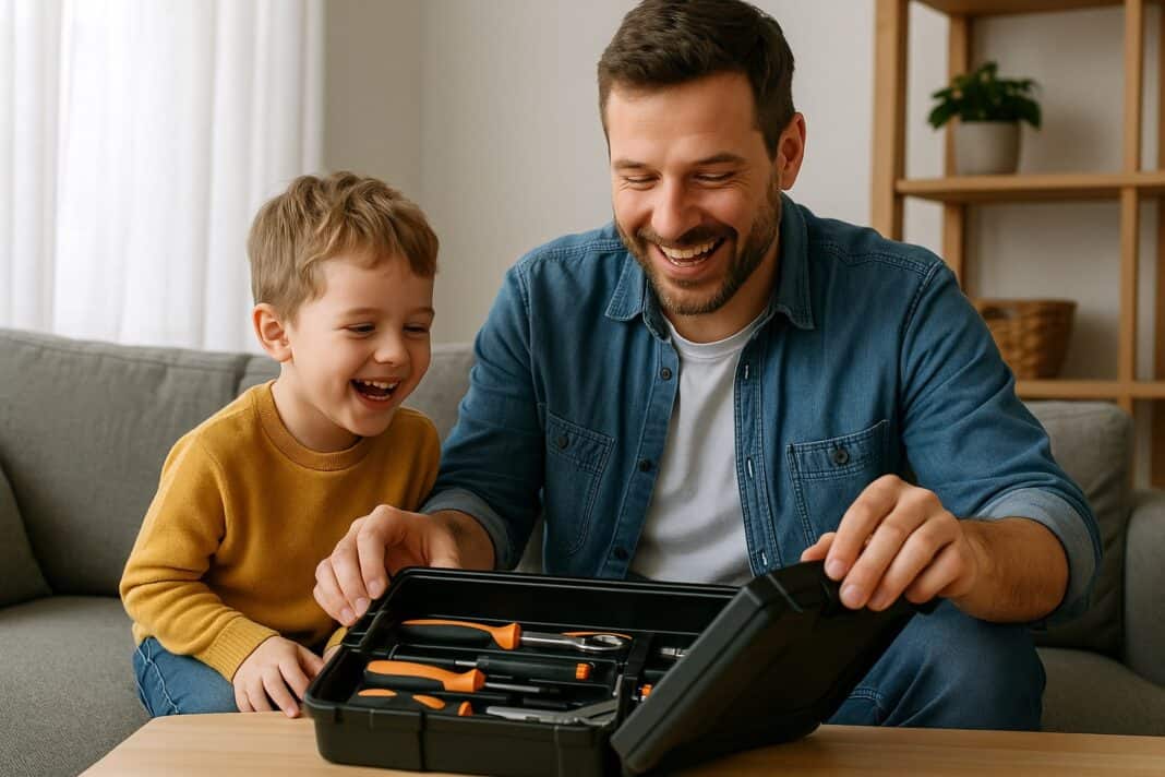 Papa und Kind entdecken gemeinsam den Werkzeugkoffer – voller Neugier und Lachen.