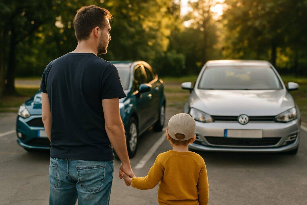 Ein Vater steht mit seinem Kind auf einem Parkplatz und blickt auf zwei Autos