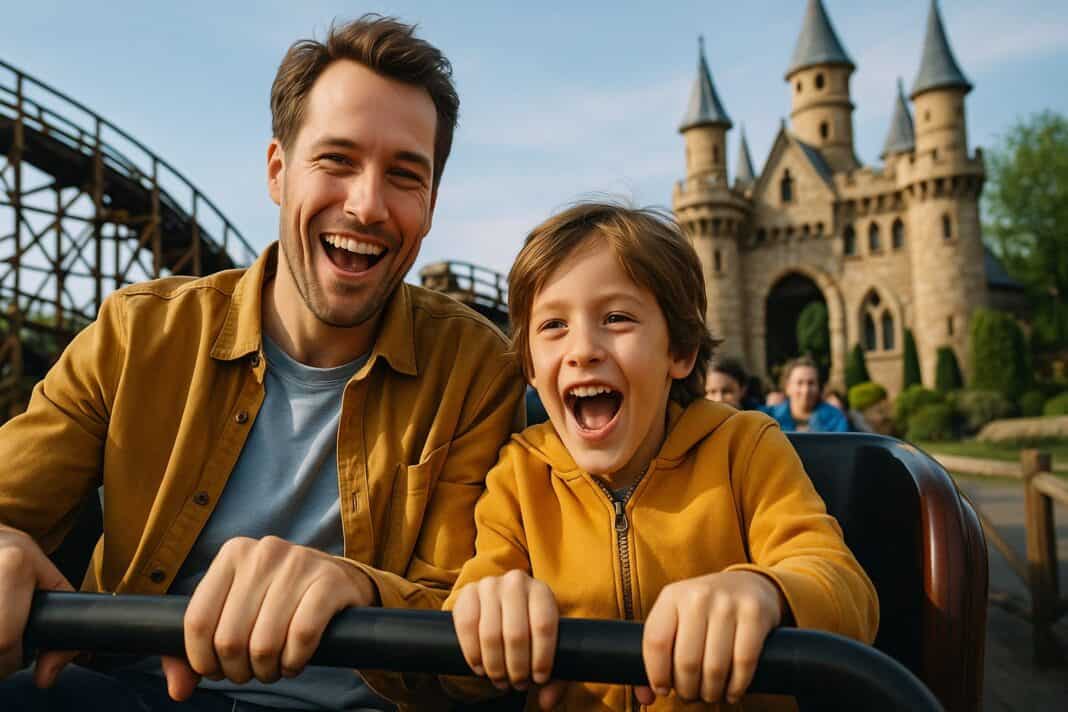 Lachflash auf der Achterbahn – Papa und Sohn im Freizeitpark-Glück