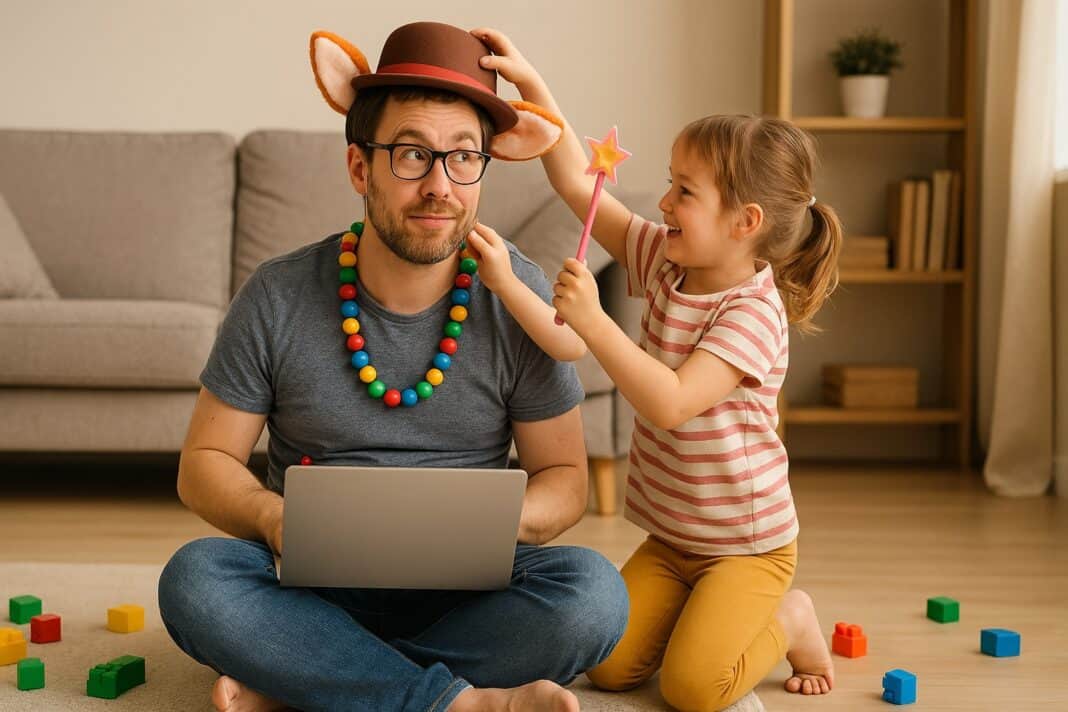 Verkleidet im Homeoffice – Papa mit Laptop und Einhorn-Ohren