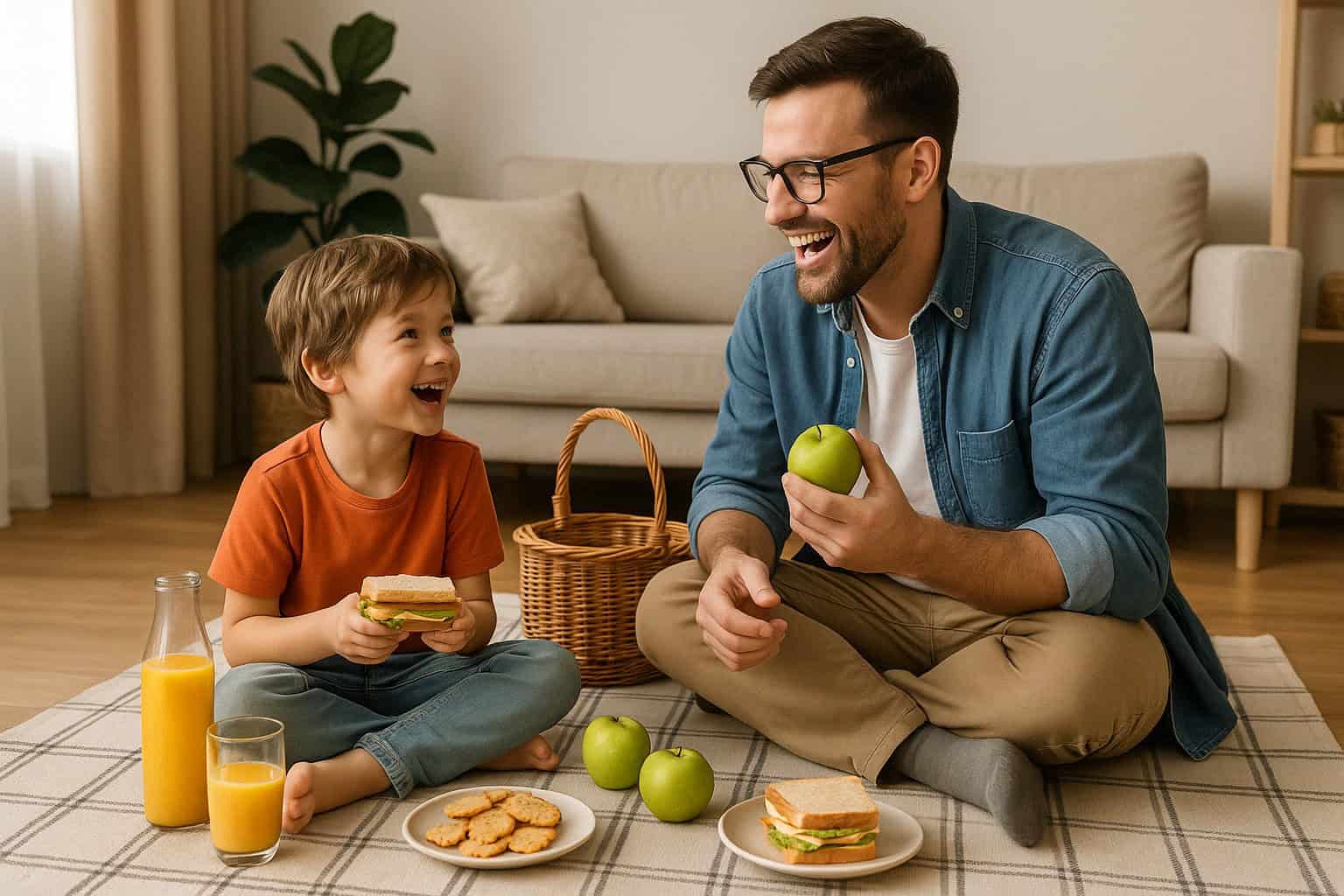 Gemütliches Wohnzimmer-Picknick mit Papa und Sohn