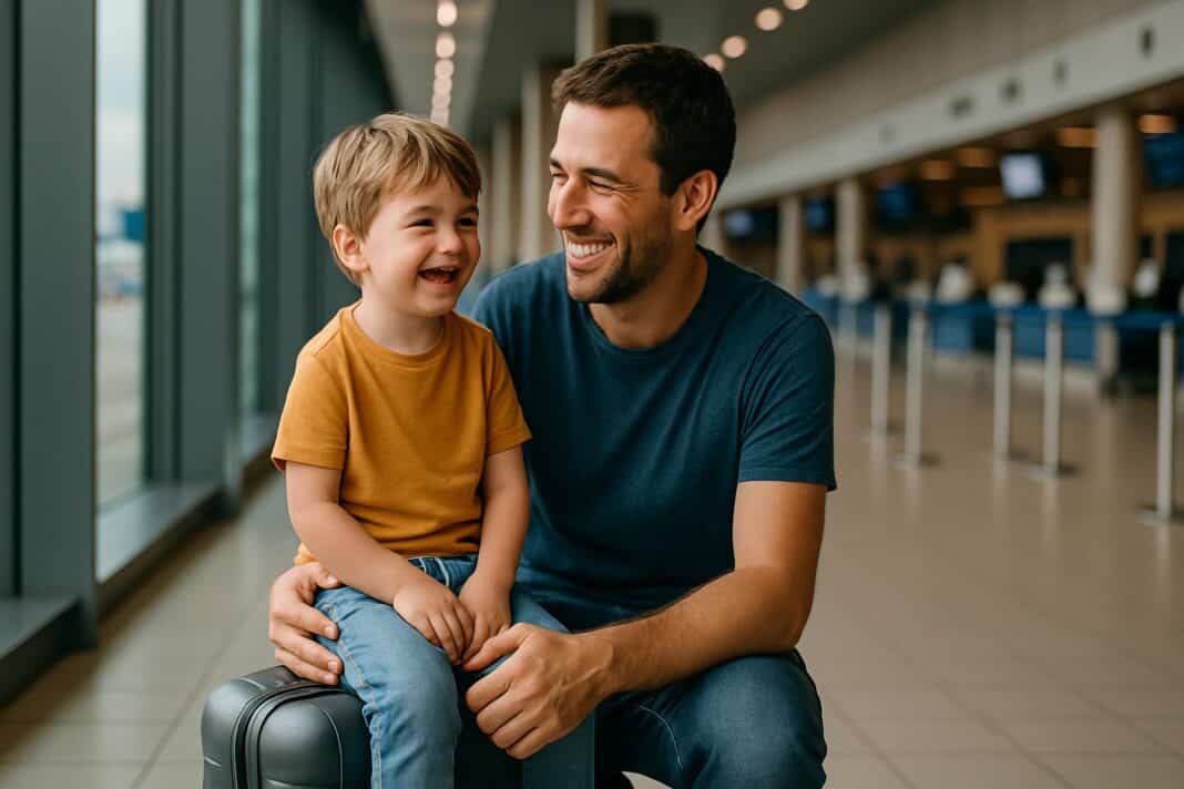 Vater und Sohn warten lachend auf das Boarding