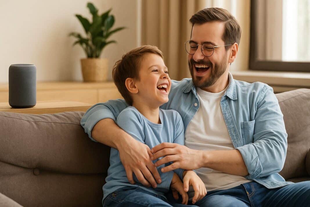 Papa und Sohn genießen Technik-Zeit mit einem Lächeln – Smart Home zum Anfassen.
