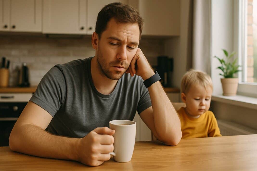 Papa-Morgenroutine: Kaffee, Kind und ein Blick aufs Handgelenk