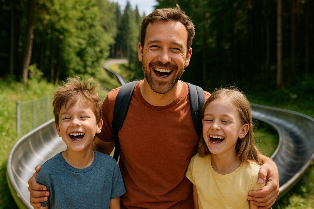Papa-Moment im Grünen – Lachen vor der Sommerrodelbahn im Sauerland