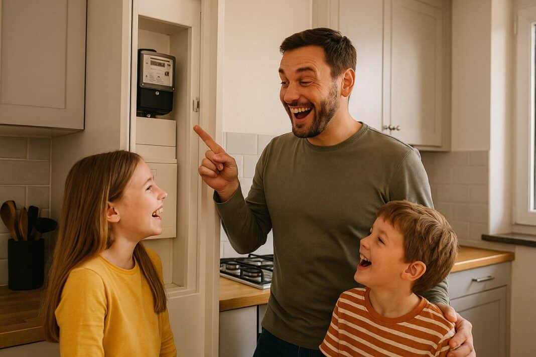 Echte Stromsparer: Papa zeigt, wo der Zähler läuft – und die Kids lachen mit