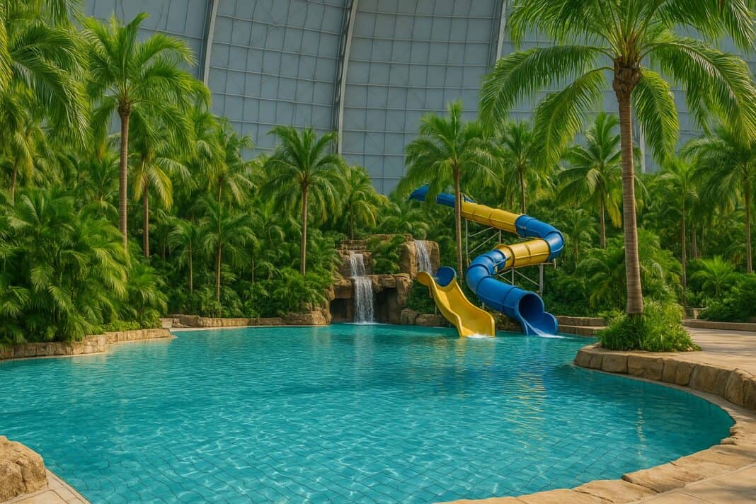 „Tropisches Schwimmbad mit Palmen und Rutschen – ohne erkennbare Personen“