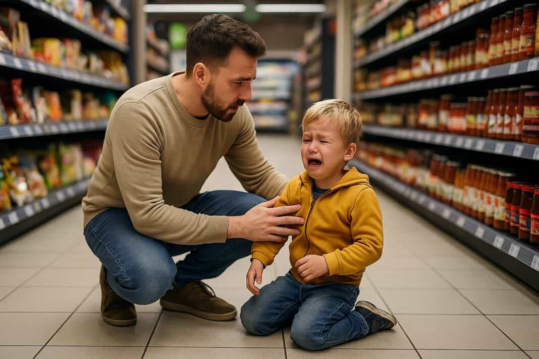 Papa beruhigt sein Kind beim Trotz-Anfall im Supermarkt