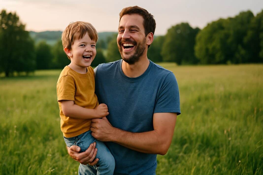 Vater und Kind lachen gemeinsam im Abendlicht