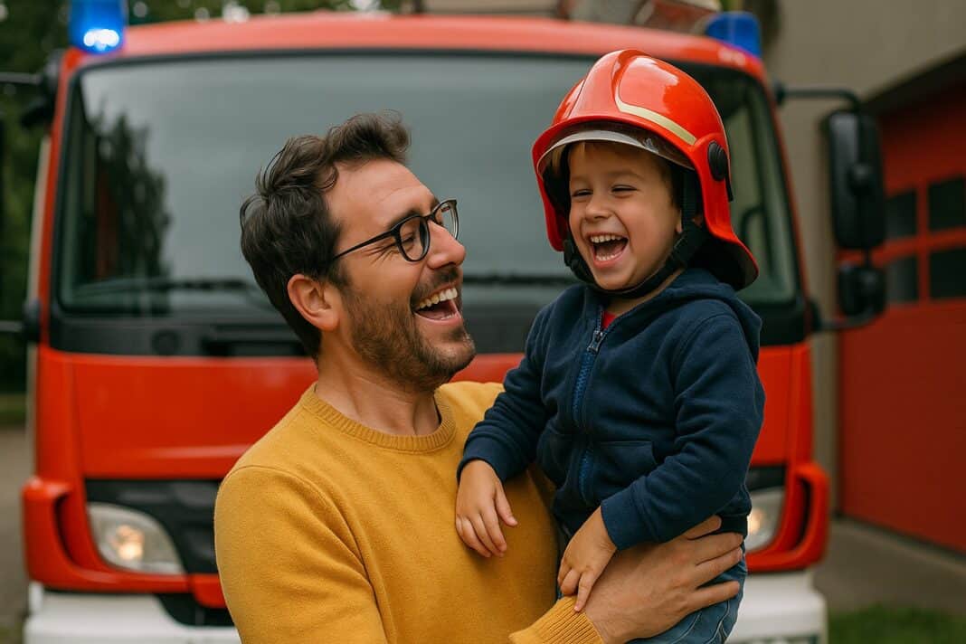 Gemeinsam stark – Papa und Mini-Feuerwehrheld vor dem großen Einsatzfahrzeug