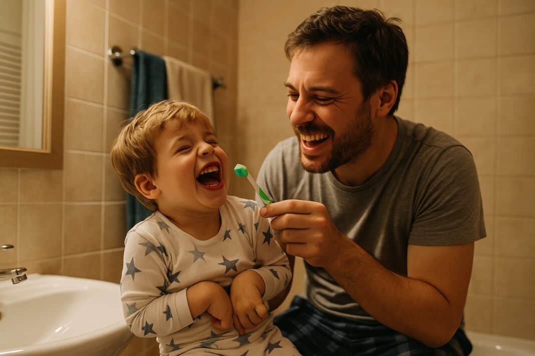 „Zähneputzen mit Lachanfall“ – Wenn aus dem allabendlichen Pflichtprogramm ein fröhliches Papa-Kind-Chaos wird.