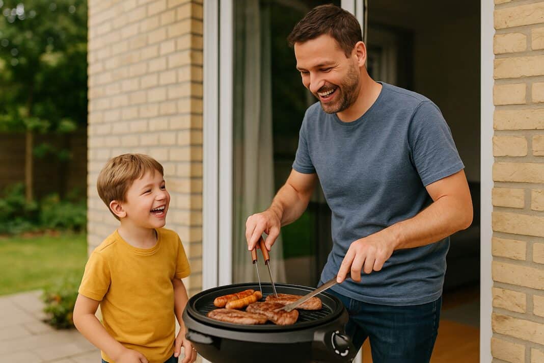 Papa grillt elektrisch – und sein Sohn genießt jede Sekunde mit.