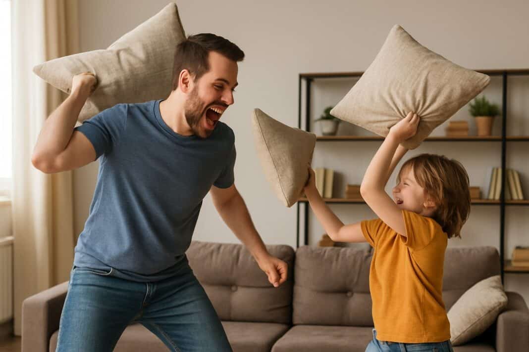 Kissen fliegen, Lachen hallt: Papa-Kind-Kissenschlacht auf dem Wohnzimmerteppich
