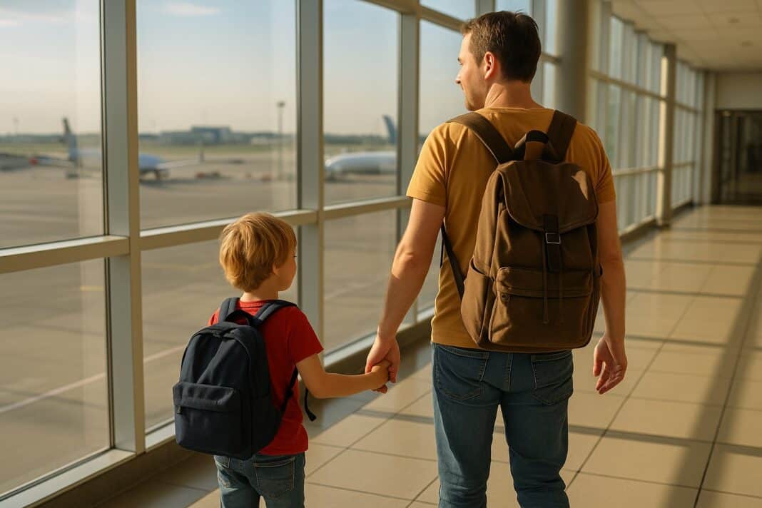 Papa und Kind starten ins Abenteuer – Hand in Hand durch den Flughafen