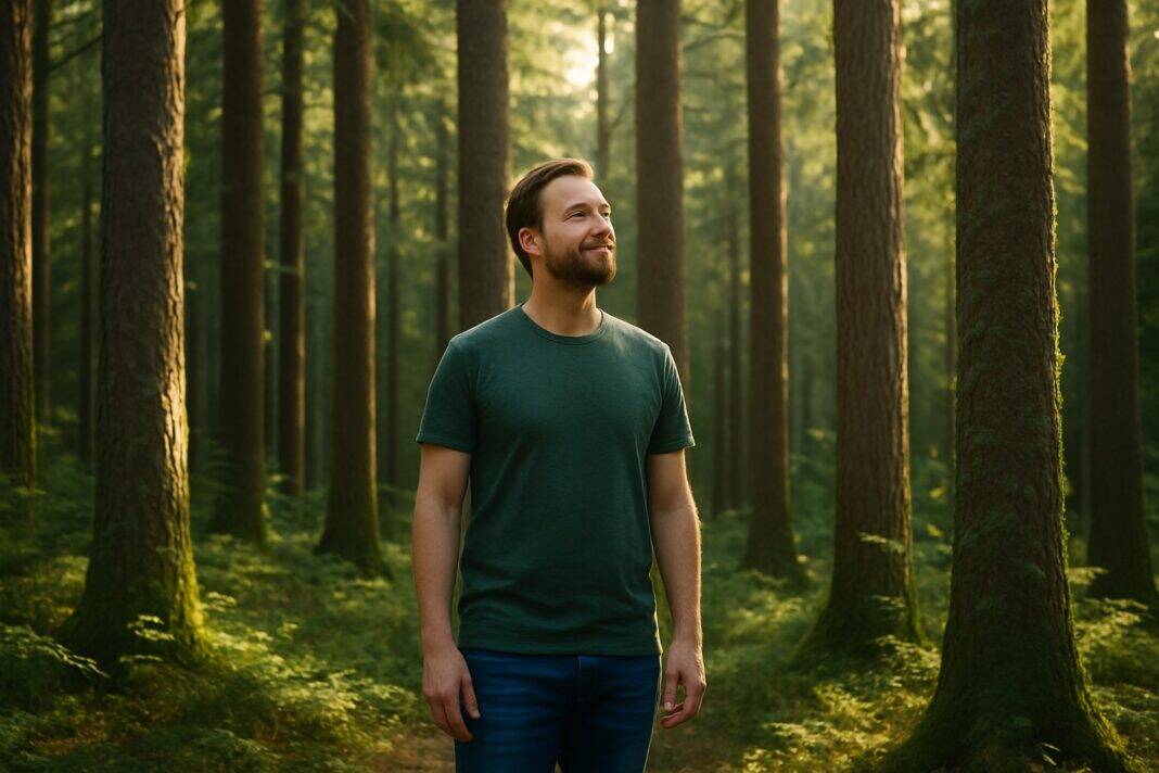 Papa steht im Sonnenlicht des Waldes und atmet tief durch.