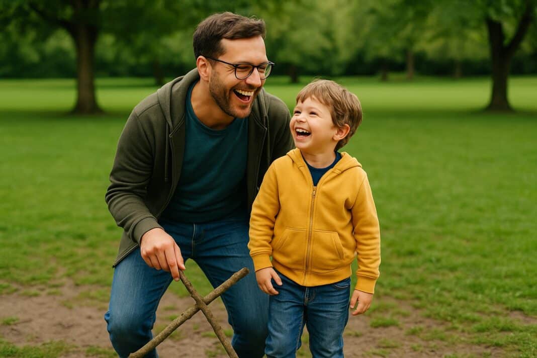 Schatz gefunden: Papa, Kind und ein großes X aus Ästen – Lachen inklusive